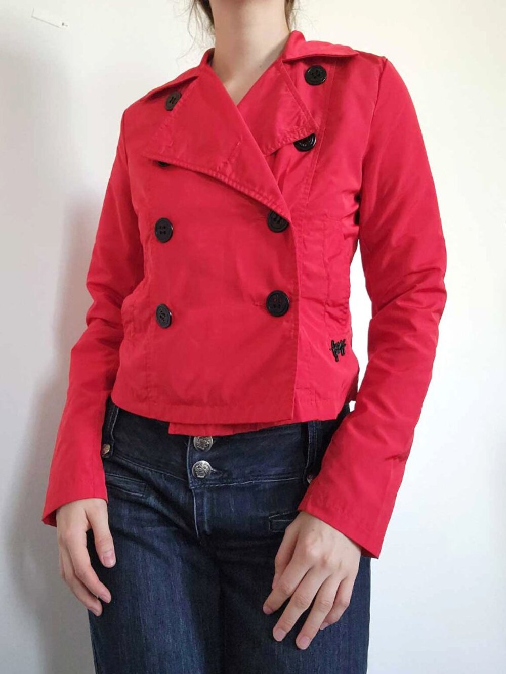 Vintage Y2K Foxy cherry red cropped fall pea coat with oversized black buttons
